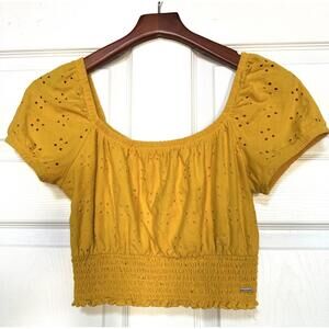 Vintage Hollister Y2K Baby Doll Butter Yellow Cottage Eyelet Crop Top Shirt S